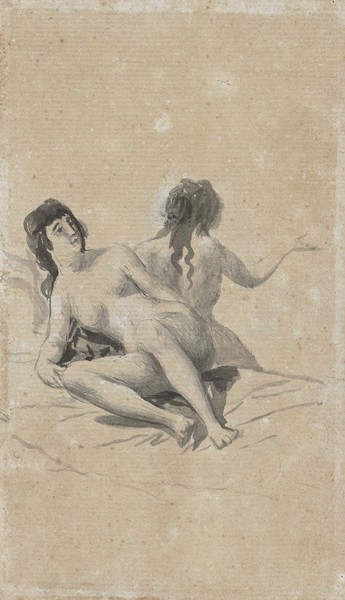 Two naked young women on a bed
